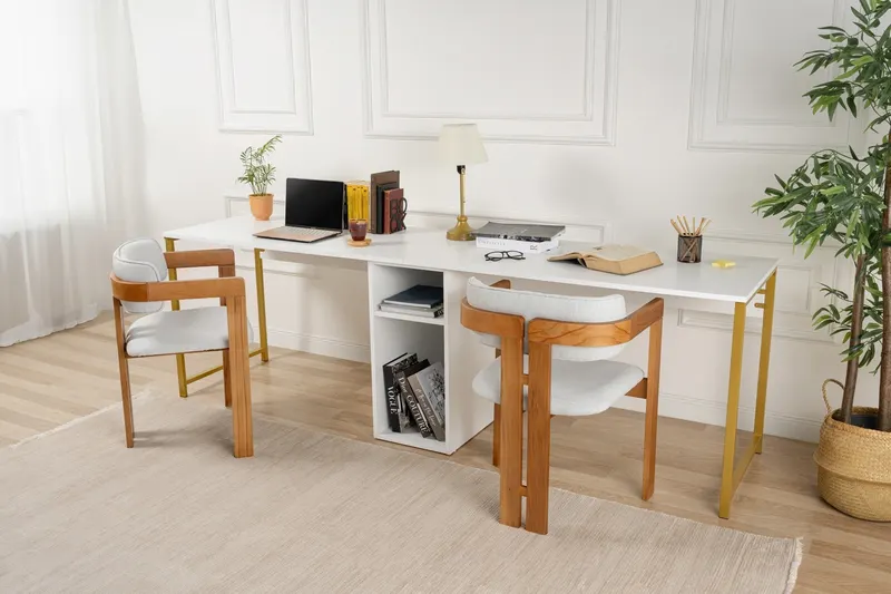 Birou Twin, Diverse culori, 240x60x74 cm - Alb - Auriu