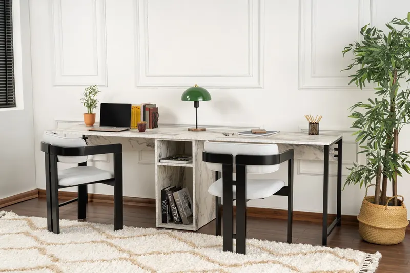 Birou Twin, Diverse culori, 240x60x74 cm - Freesia - Marble - Negru