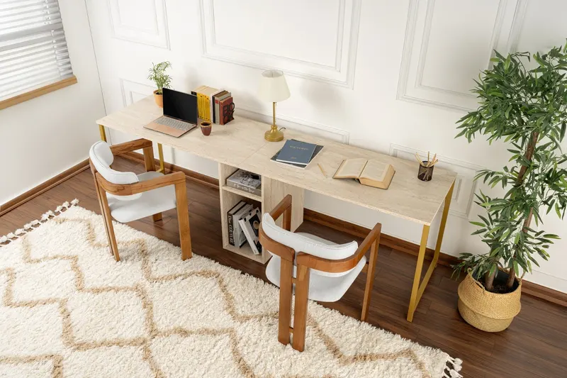 Birou Twin, Diverse culori, 240x60x74 cm - Travertin - Auriu