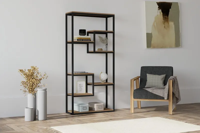 Bibliotecă Emina, Diverse culori, 85x29x182 cm - Nuc - Negru
