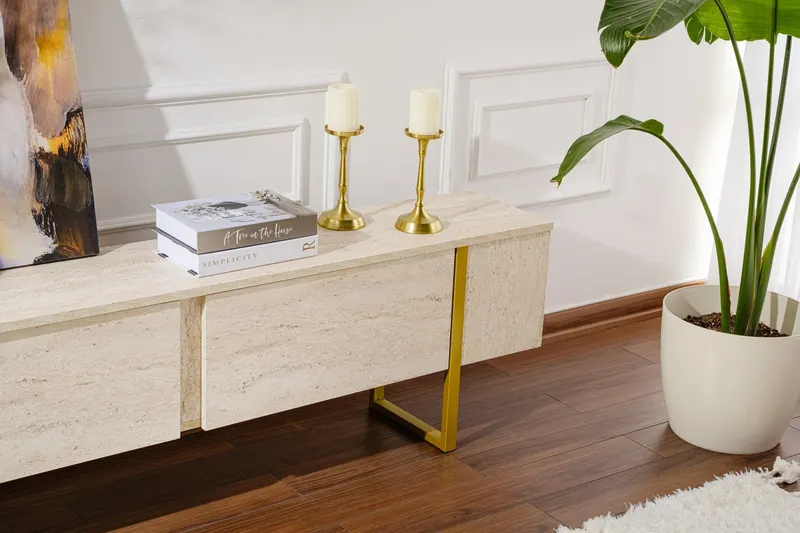 Comodă TV Serenity, Diverse culori, 180x30x50 cm - Travertin - Auriu