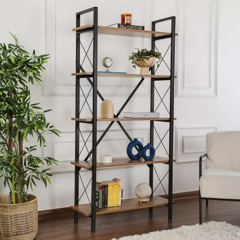 Bibliotecă Elysian, Diverse culori, 90x34x180 cm - Venezia walnut - Negru