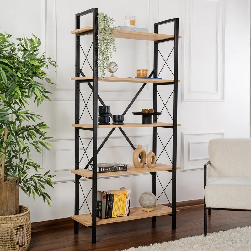 Bibliotecă Elysian, Diverse culori, 90x34x180 cm - Stejar - Negru