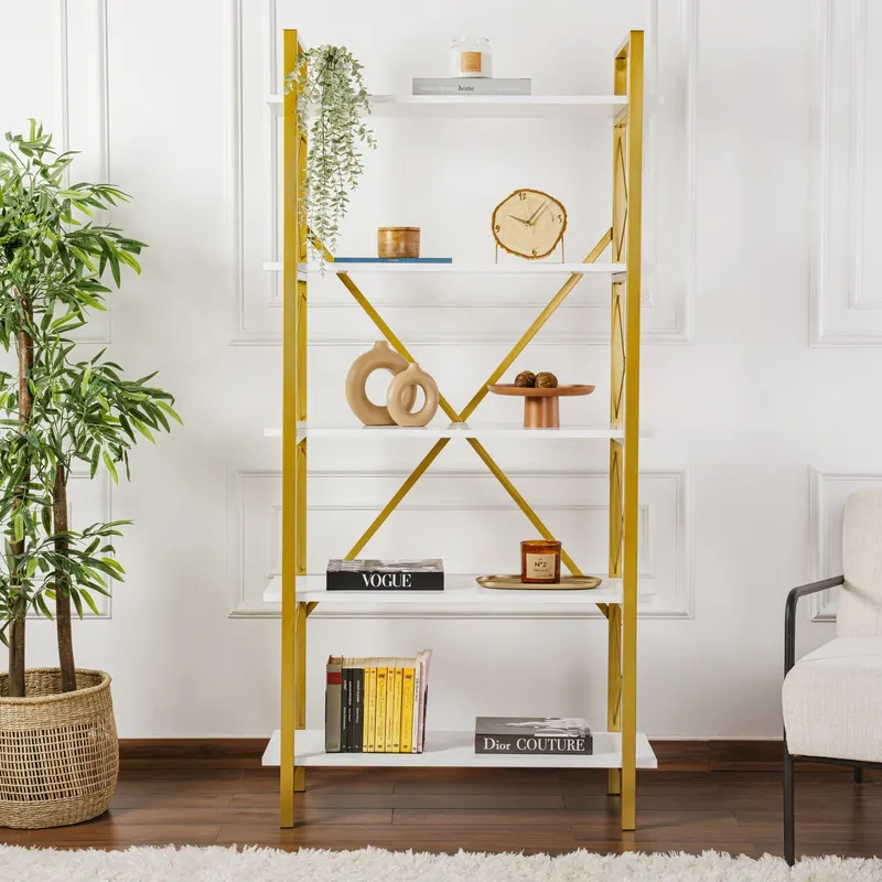 Bibliotecă Elysian, Diverse culori, 90x34x180 cm - Alb - Auriu