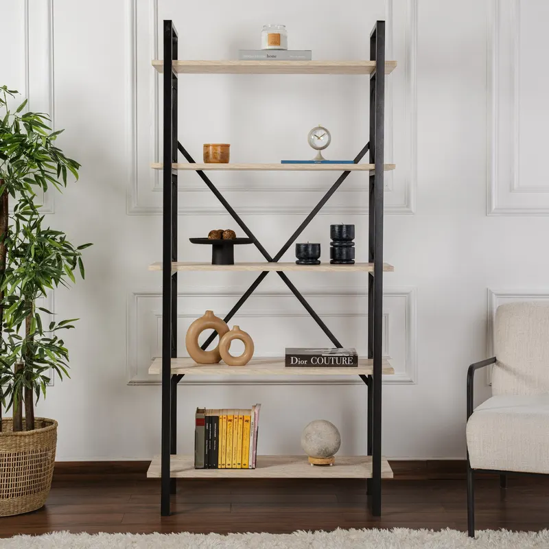 Bibliotecă Elysian, Diverse culori, 90x34x180 cm - Travertin - Negru