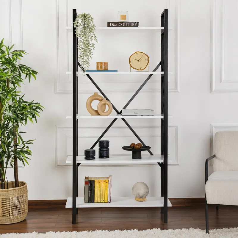 Bibliotecă Elysian, Diverse culori, 90x34x180 cm - Alb - Negru