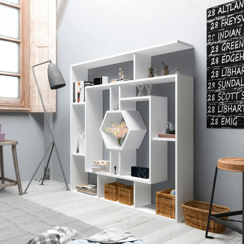 Bibliotecă Labrina, Diverse culori, 134x22x134 cm - Alb