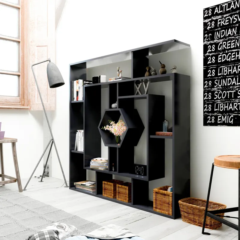 Bibliotecă Labrina, Diverse culori, 134x22x134 cm - Negru