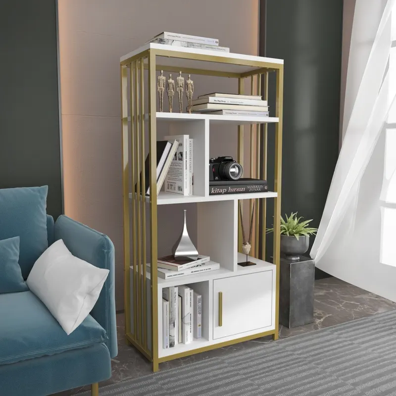 Bibliotecă Valero, Diverse culori, 60x30x120 cm - Alb - Auriu