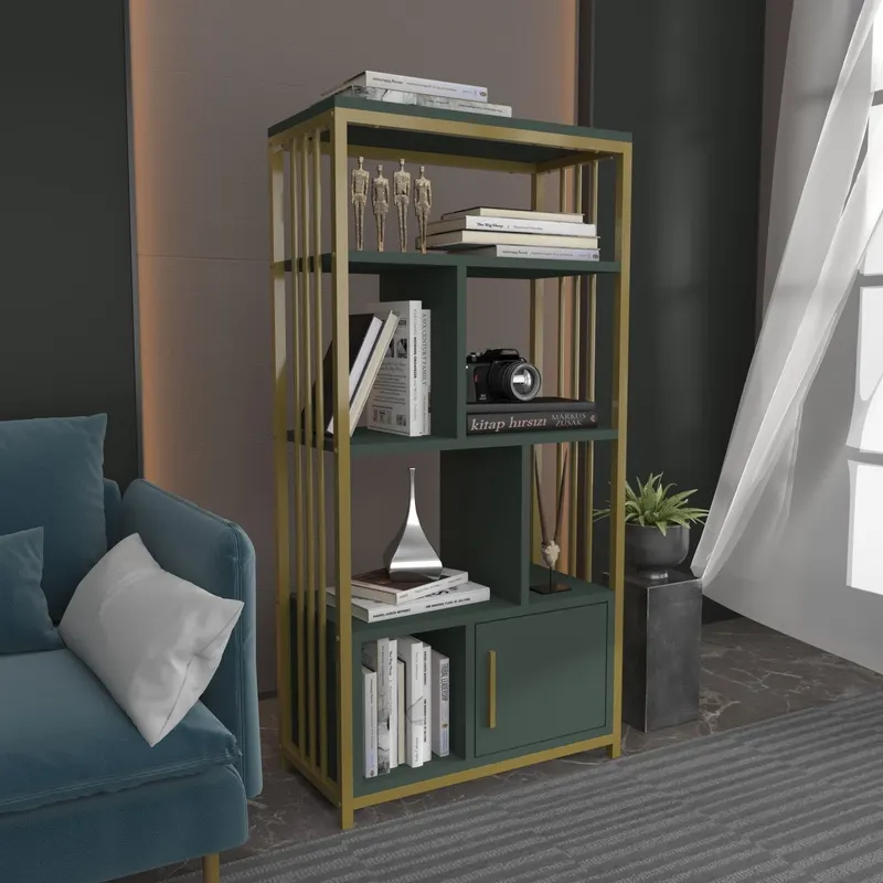 Bibliotecă Valero, Diverse culori, 60x30x120 cm - Verde - Auriu