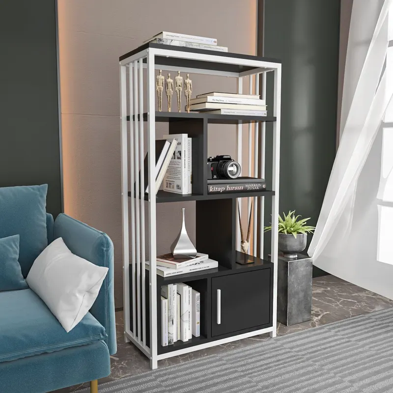 Bibliotecă Valero, Diverse culori, 60x30x120 cm - Negru - Alb