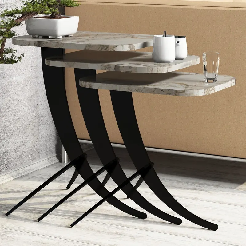 Set 3 măsuțe de cafea Pion Marble, Diverse culori, 35x60x45 cm - Alb - Negru