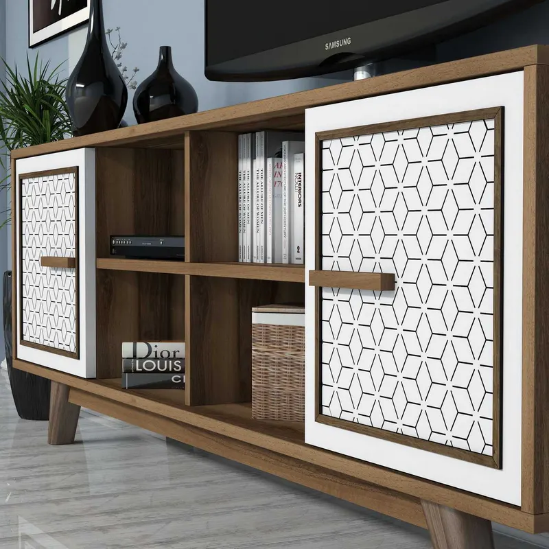 Comodă TV Ayla, Diverse culori, 160x35x56 cm - Nuc - Alb