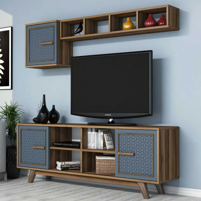 Comodă TV Ayla, Diverse culori, 160x35x56 cm - Nuc - Albastru