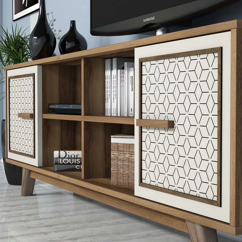 Comodă TV Ayla, Diverse culori, 160x35x56 cm - Nuc - Crem