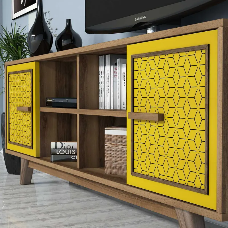 Comodă TV Ayla, Diverse culori, 160x35x56 cm - Nuc - Galben