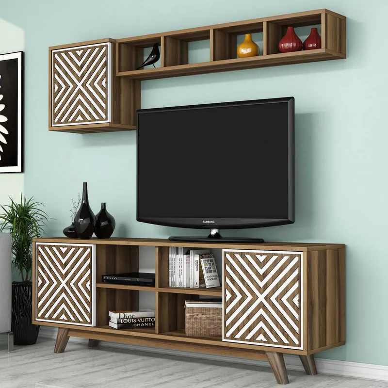 Comodă TV Inci, Diverse culori, 160x35x56 cm - Nuc - Alb