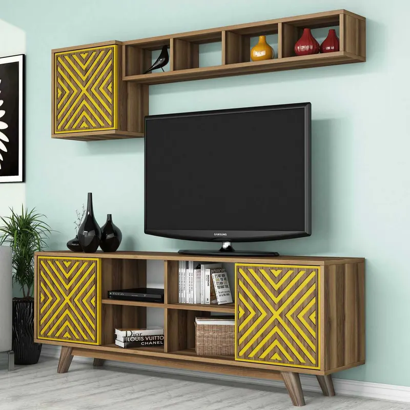 Comodă TV Inci, Diverse culori, 160x35x56 cm - Nuc - Galben