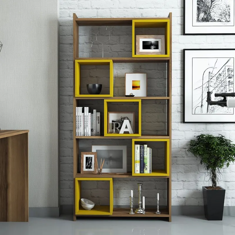 Bibliotecă Box, Diverse culori, 80x22x170 cm - Nuc - Galben