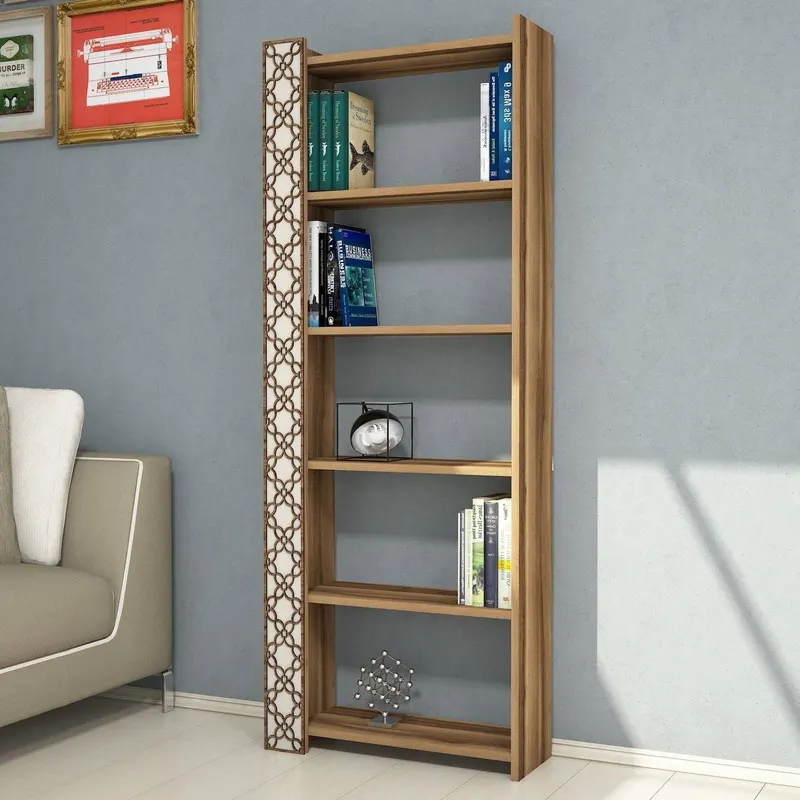 Bibliotecă City, Diverse culori, 65x24x170 cm - Nuc - Crem