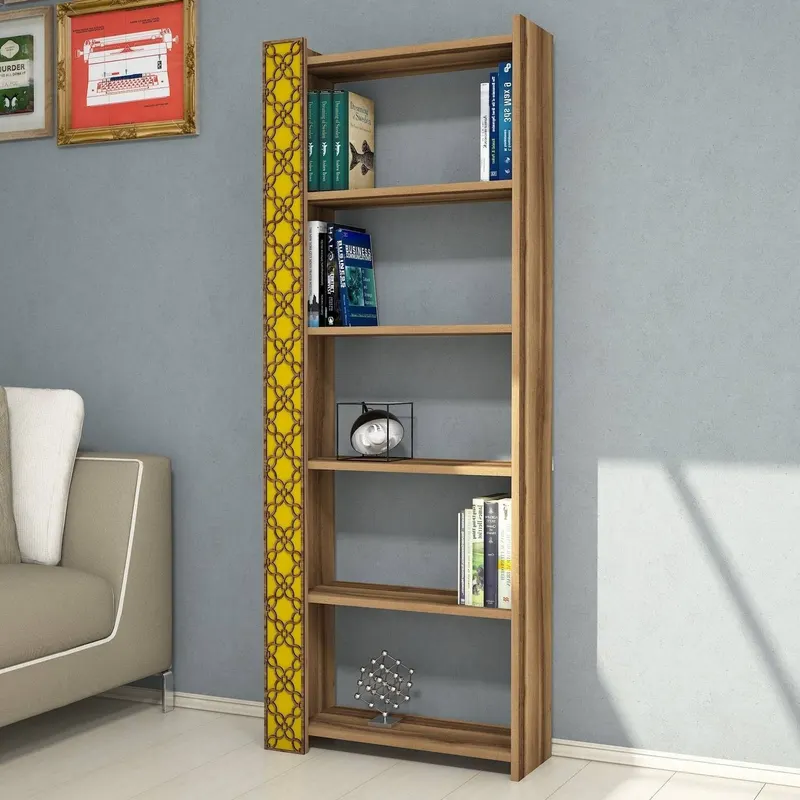 Bibliotecă City, Diverse culori, 65x24x170 cm - Nuc - Galben