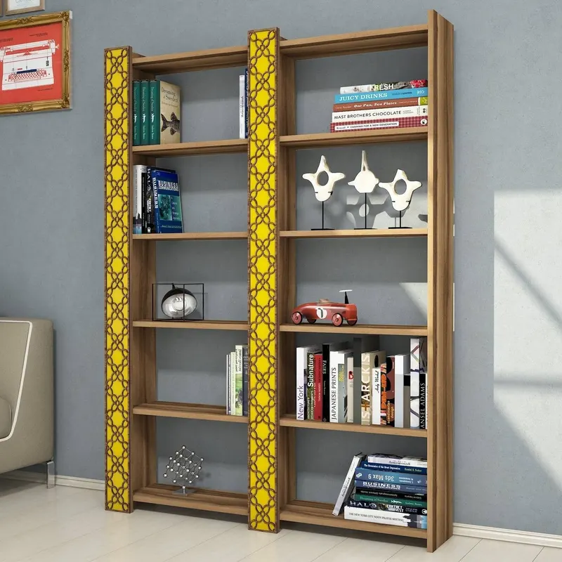 Bibliotecă City 2, Diverse culori, 125x24x170 cm - Nuc - Galben