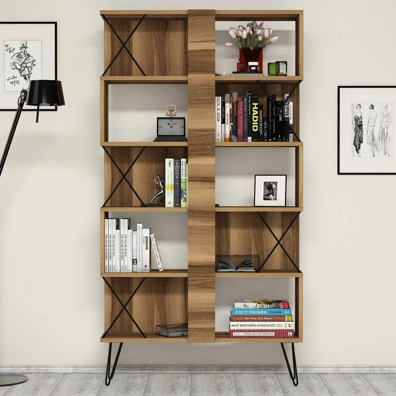 Bibliotecă Extra, Diverse culori, 90x22x167 cm - Nuc