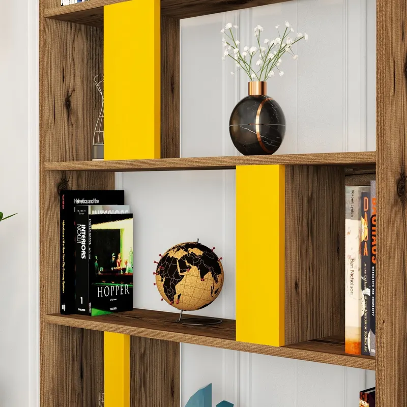 Bibliotecă Lima, Diverse culori, 90x20x180 cm - Nuc - Galben