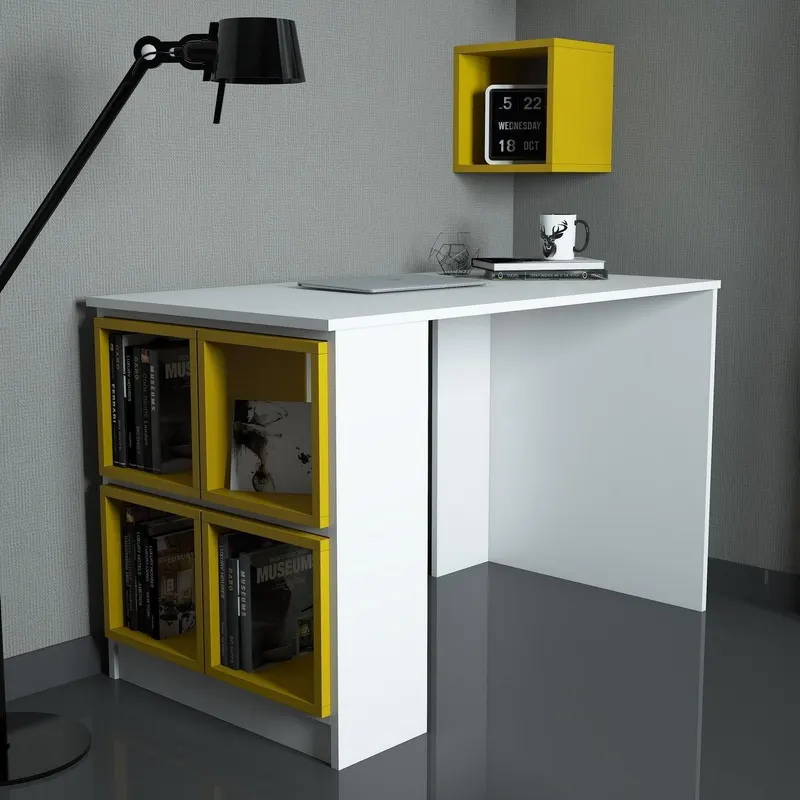 Birou Box, Diverse culori, 120x65x75 cm - Alb - Galben