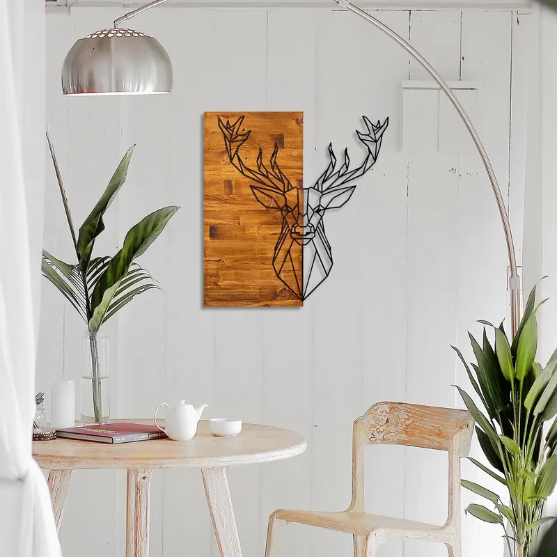 Decorațiune de perete din lemn Deer1, Diverse culori, 56x58x3 cm - Nuc - Negru