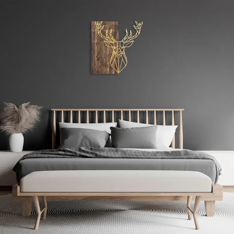 Decorațiune de perete din lemn Deer1, Diverse culori, 56x58x3 cm - Nuc - Auriu