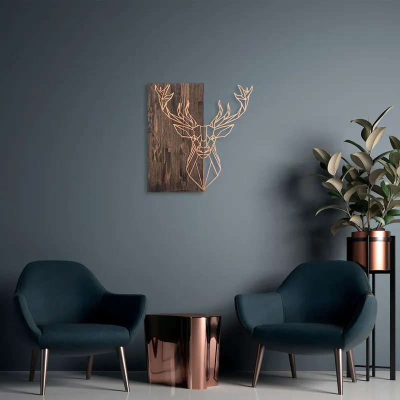 Decorațiune de perete din lemn Deer1, Diverse culori, 56x58x3 cm - Nuc - Copper