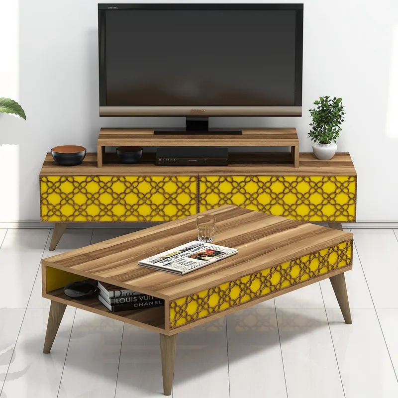 Set mobilă pentru sufragerie City, Diverse culori, 140x42x49 cm - Nuc - Galben