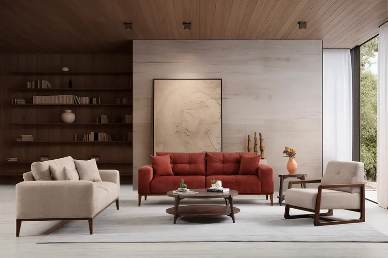 Canapea extensibilă 3 locuri Sinor, Diverse culori, 225 x 92 x 75 cm - Roșu cărămiziu