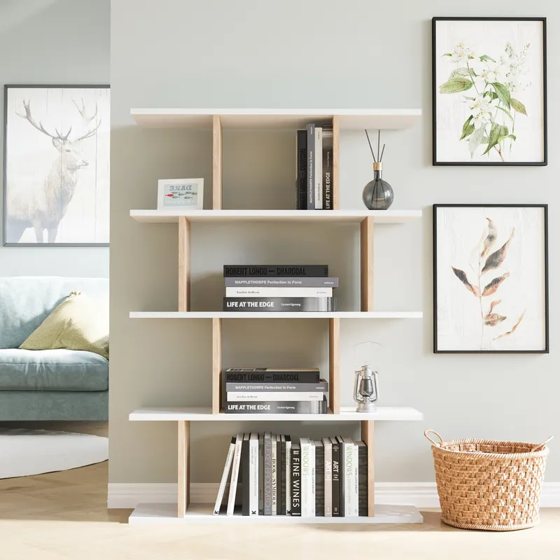Bibliotecă Harmon, Diverse culori, 90x25x127 cm - Alb - Stejar