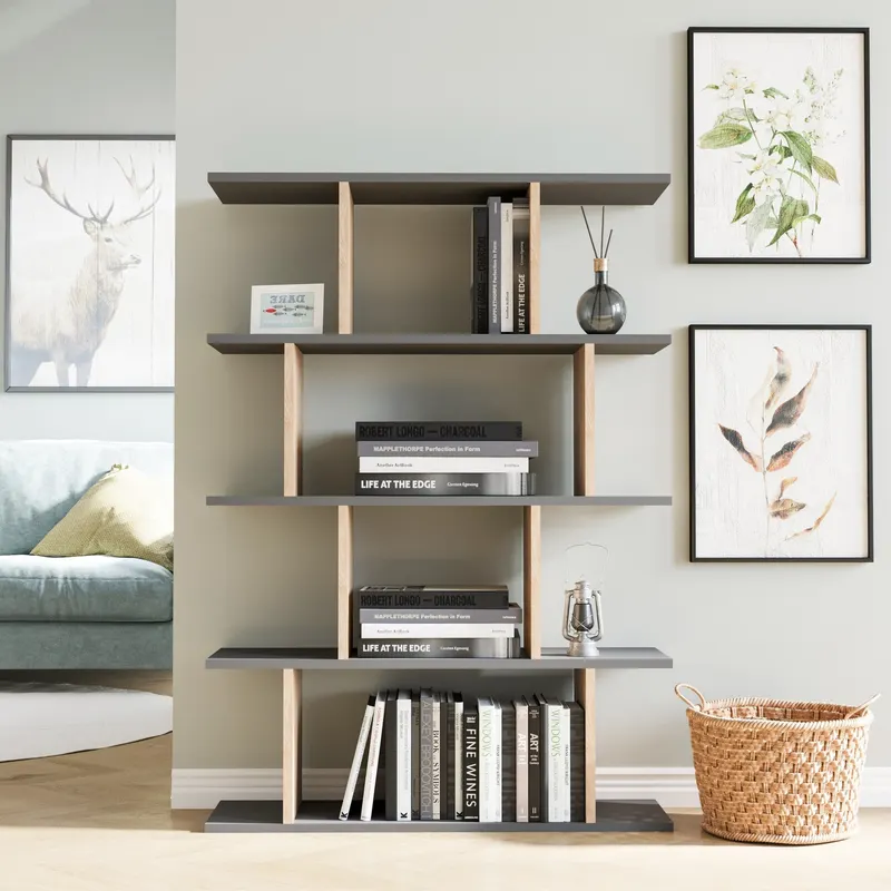 Bibliotecă Harmon, Diverse culori, 90x25x127 cm - Antracit - Stejar