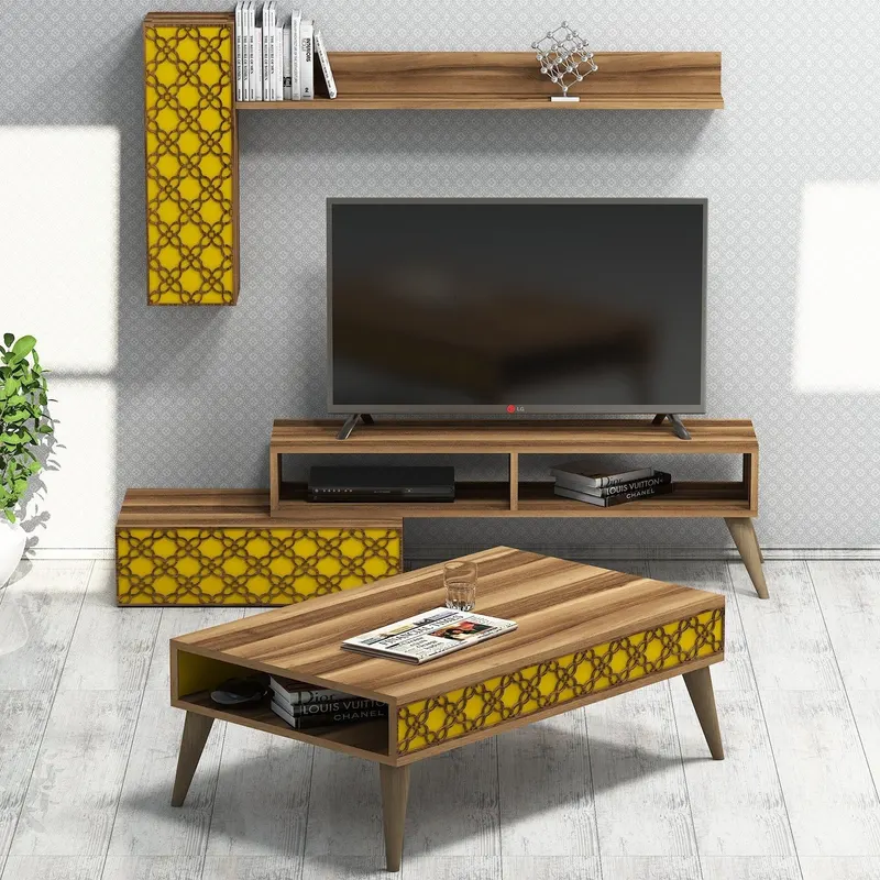 Set mobilă pentru sufragerie Planet, Diverse culori, 150x38x37 cm - Nuc - Galben