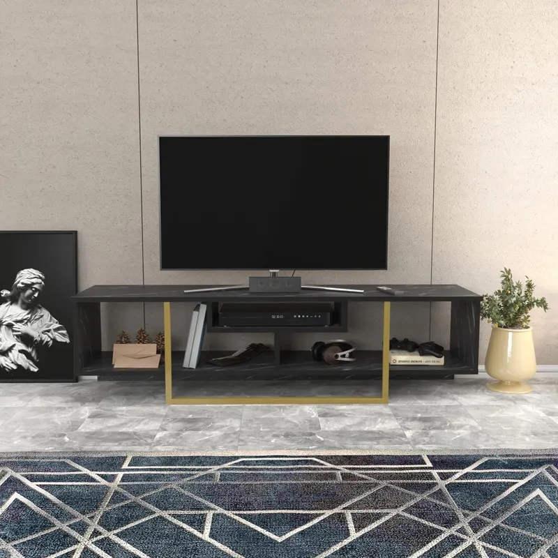 Comodă TV Asal 150, Diverse culori, 150x35x40 cm - Negru - Auriu