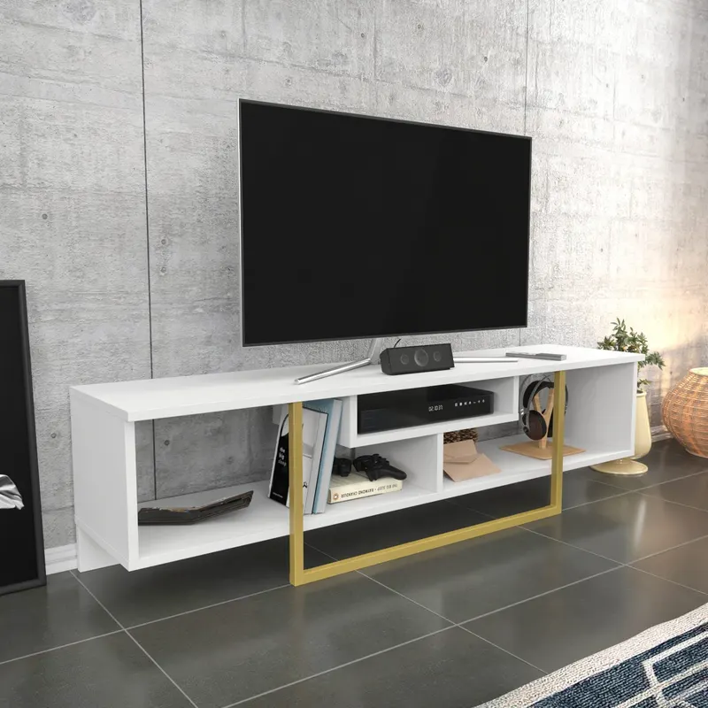 Comodă TV Asal 150, Diverse culori, 150x35x40 cm - Alb - Auriu