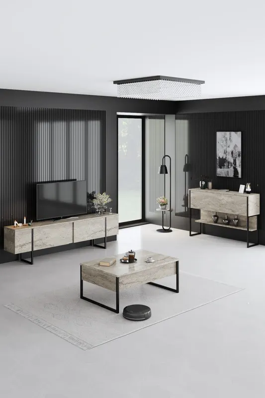 Măsuță de cafea Luxe, Diverse culori, 90x60x40 cm - Travertin - Negru