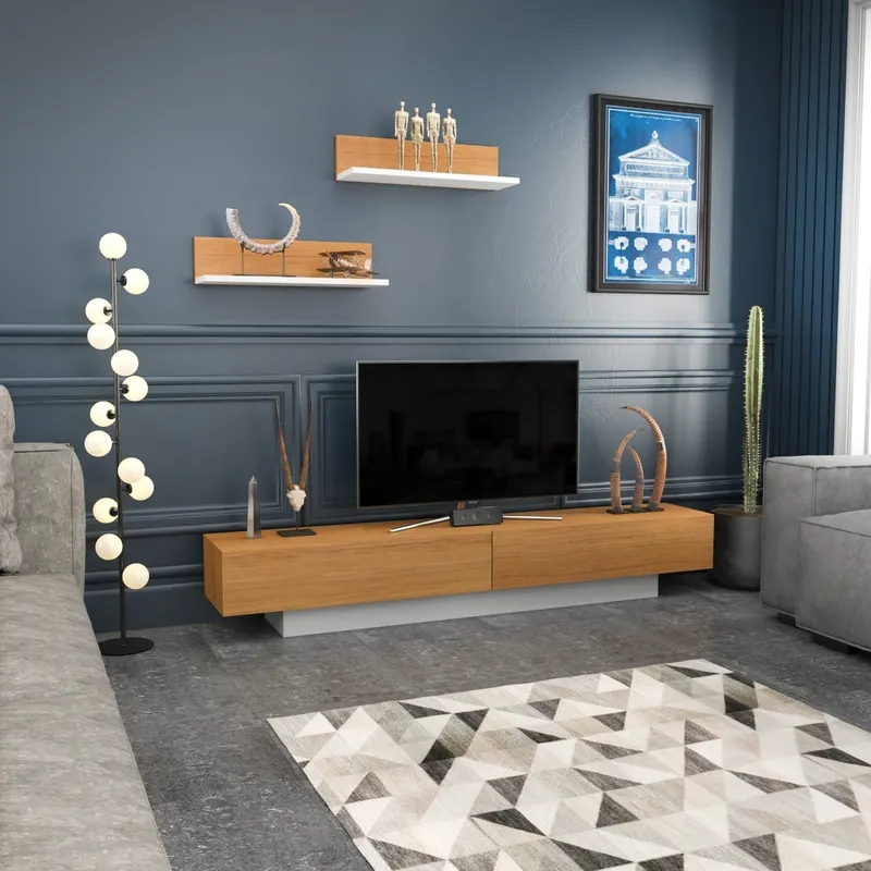 Comodă TV Lusi, Diverse culori, 180x31x40 cm - Alb - Teak