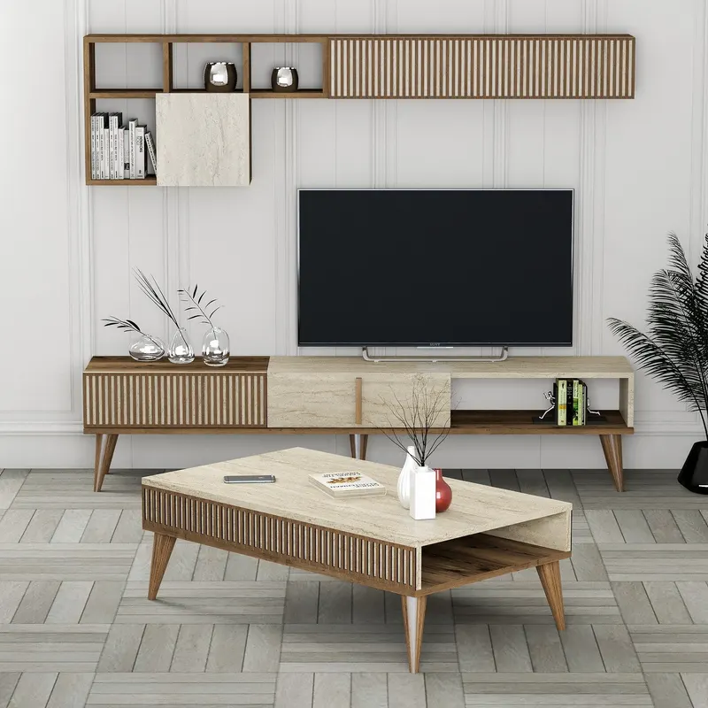 Set mobilă pentru sufragerie Milan, Diverse culori, 180x35x40 cm - Nuc - Travertin
