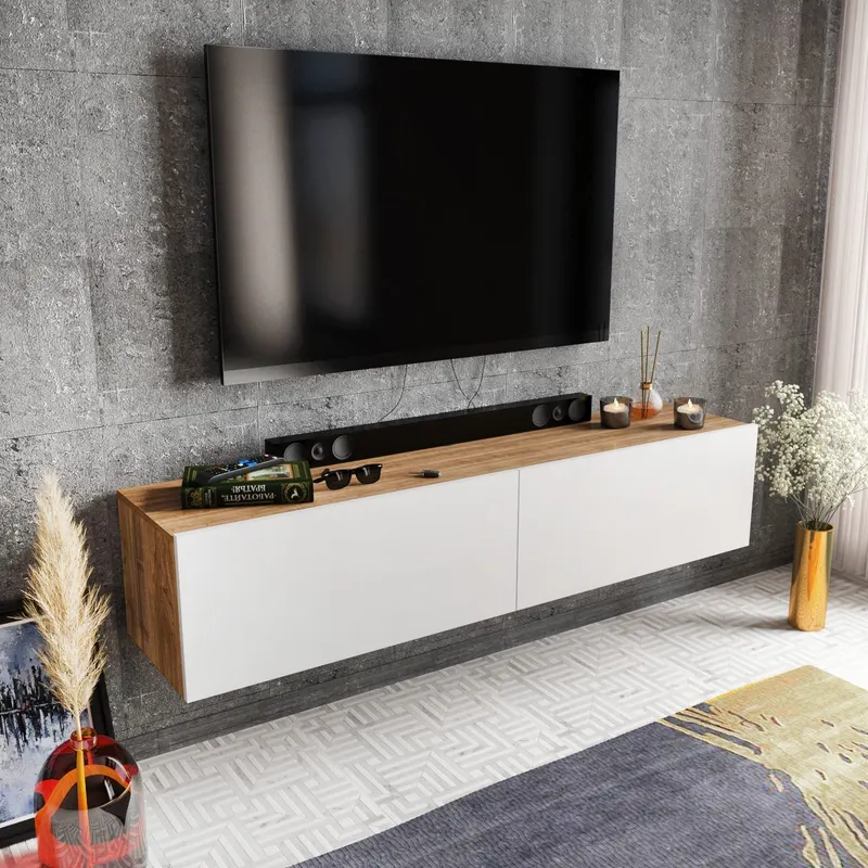 Comodă TV Poling, Diverse culori, 160x37x34 cm - Alb - Nuc