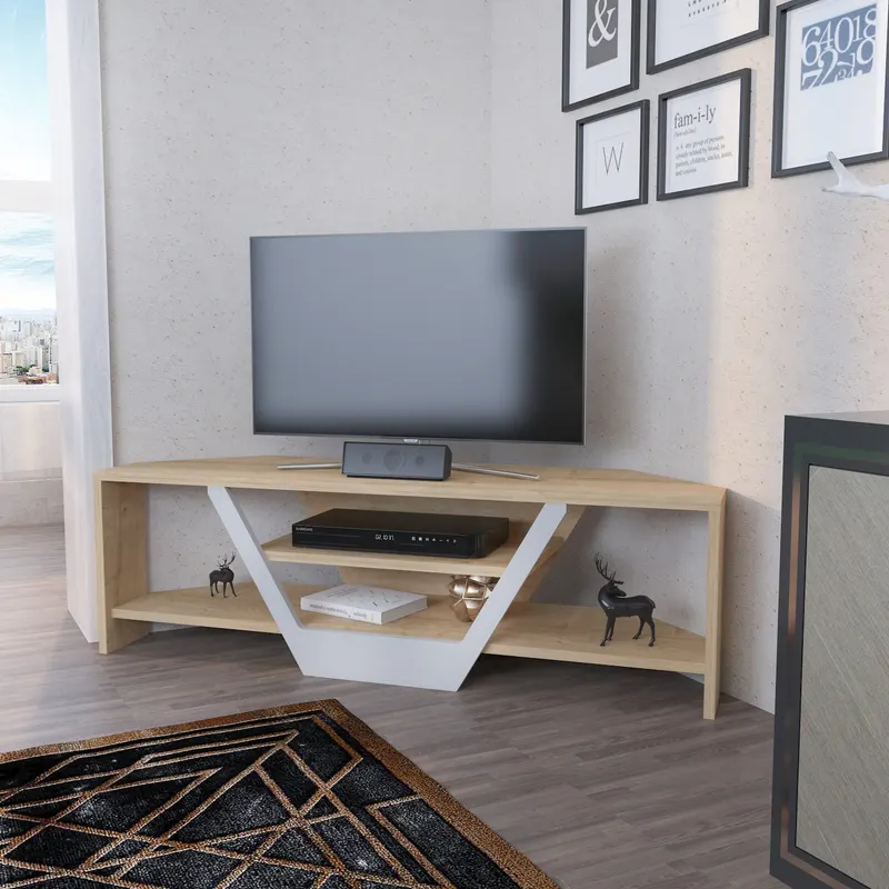 Comodă TV Sares, Diverse culori, 120x35x37 cm - Alb - Stejar