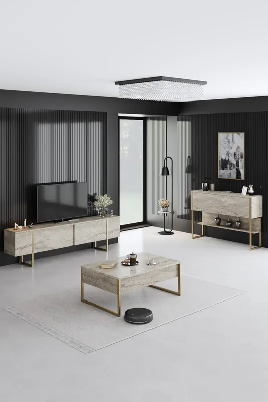 Comodă TV Luxe, Diverse culori, 180x30x50 cm - Travertin - Auriu