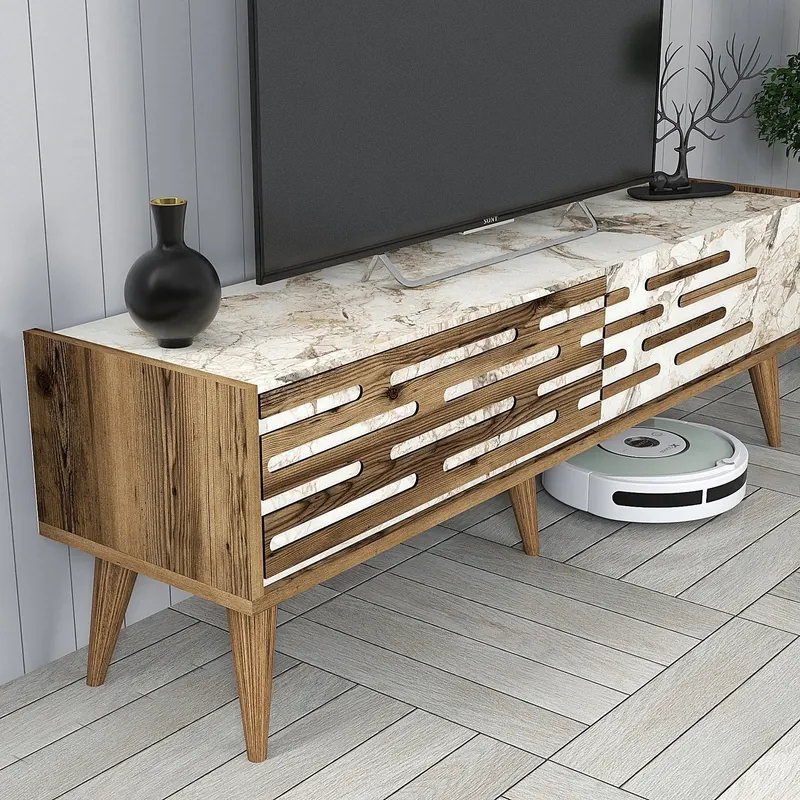 Comodă TV Valensiya 140, Diverse culori, 140x45x35 cm - Nuc - Alb - Marble