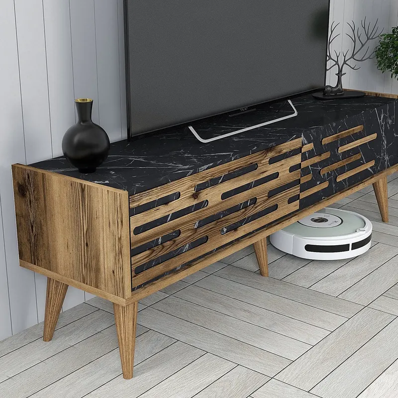 Comodă TV Valensiya 140, Diverse culori, 140x45x35 cm - Nuc - Negru - Marble