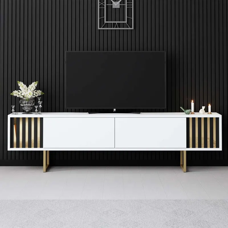 Comodă TV auriu Line, Diverse culori, 180x30x18 cm - Alb - Auriu