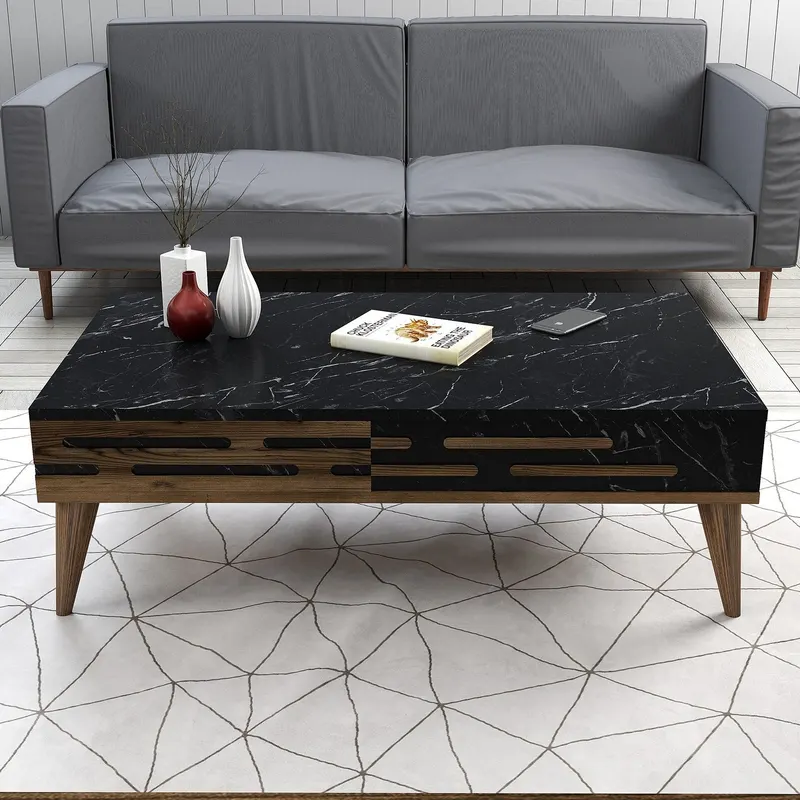 Set mobilă pentru sufragerie Valensiya 140, Diverse culori, 140x45x35 cm - Nuc - Negru - Marble