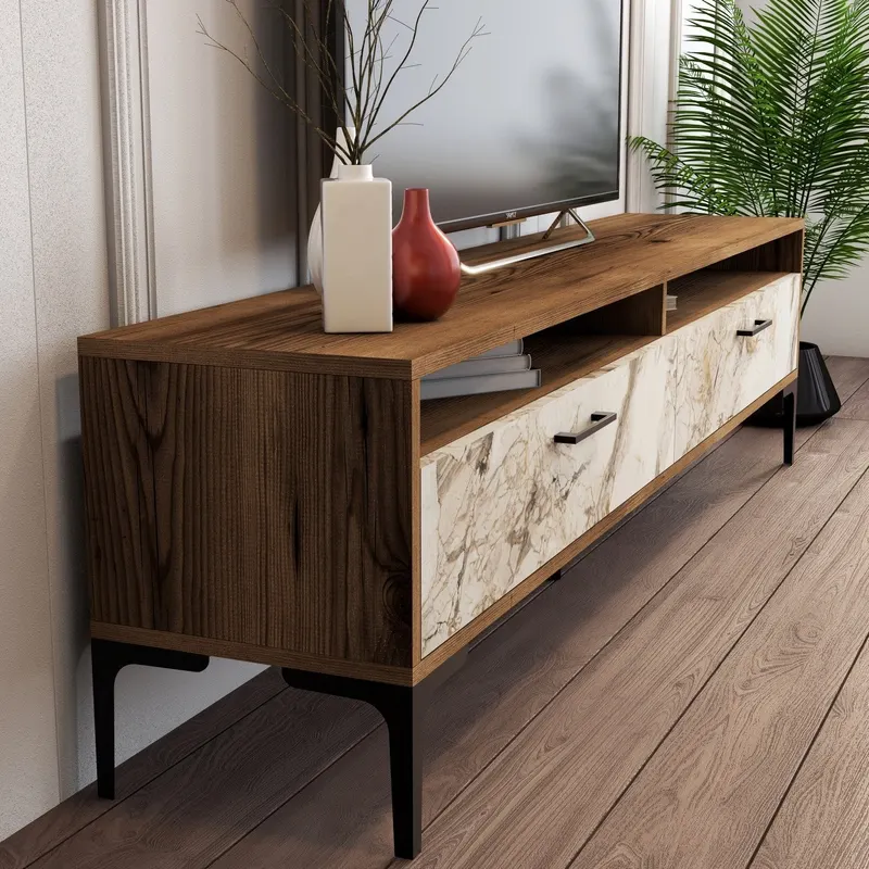 Comodă TV Istanbul 2, Diverse culori, 180x47x35 cm - Nuc - White marble